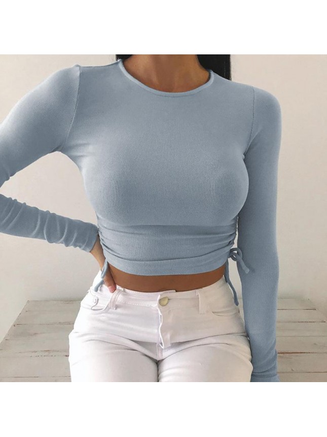 Irregular side drawstring long sleeved T shirt short top