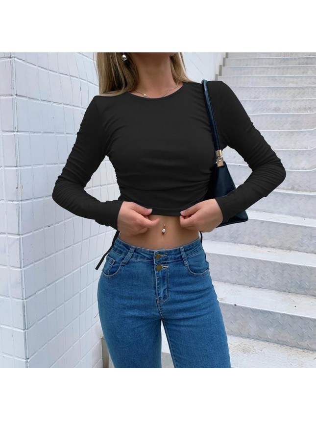 Irregular side drawstring long sleeved T shirt short top