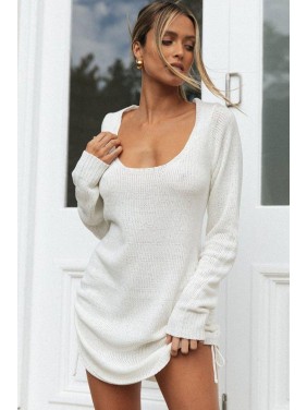 Casual Long Sleeve Ruched Backless Mini Sweater Dress – White