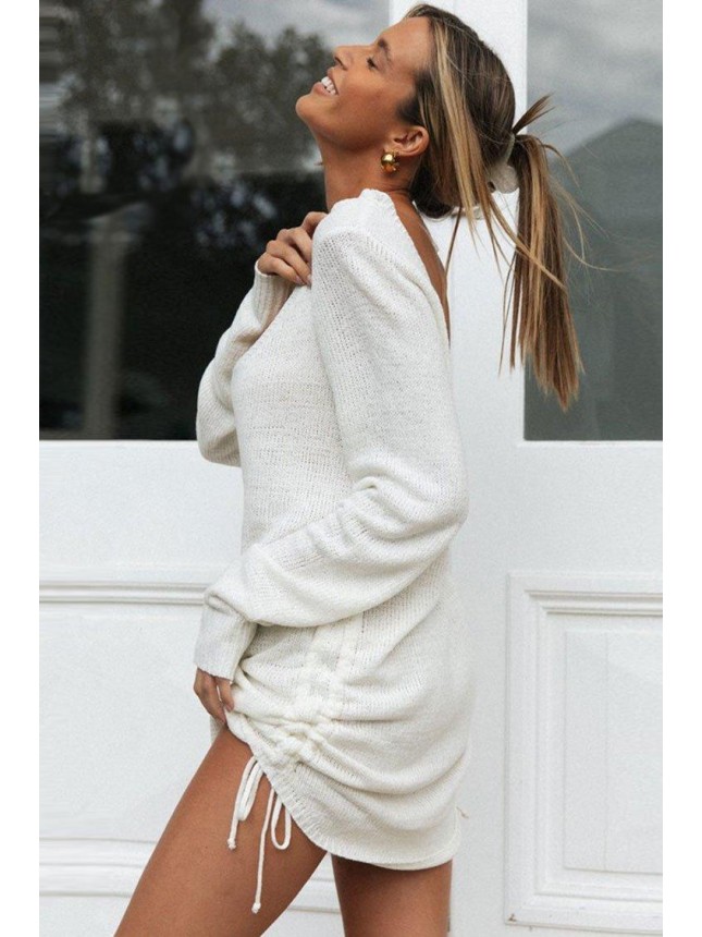Casual Long Sleeve Ruched Backless Mini Sweater Dress – White