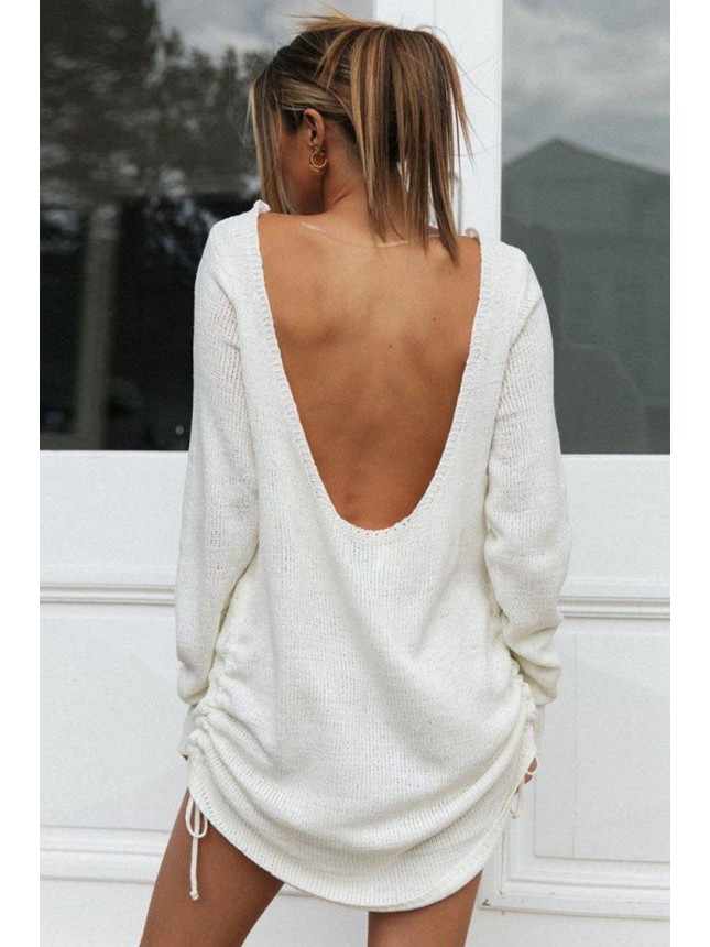 Casual Long Sleeve Ruched Backless Mini Sweater Dress – White