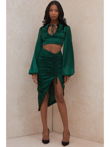 Bishop Sleeve Ruched High Slit Two Piece Dress – Emerald Green
