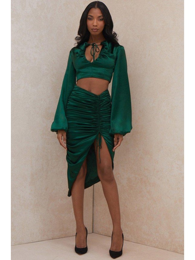 Bishop Sleeve Ruched High Slit Two Piece Dress – Emerald Green
