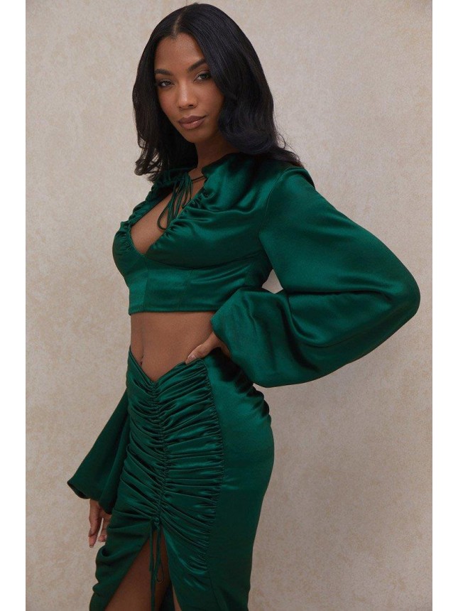 Bishop Sleeve Ruched High Slit Two Piece Dress – Emerald Green