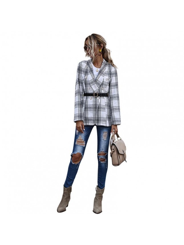 Plaid double breasted small suit outer suit long sleeve shirt