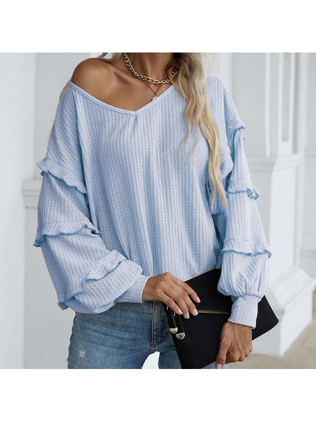 Solid color loose T shirt long sleeved top