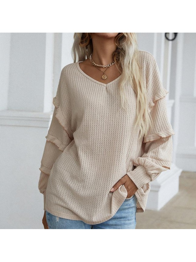 Solid color loose T shirt long sleeved top