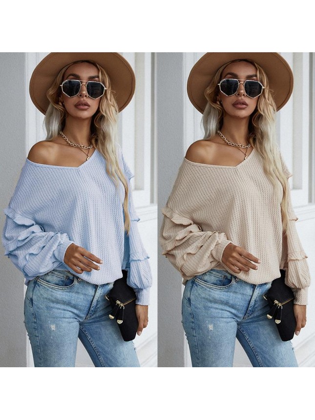 Solid color loose T shirt long sleeved top