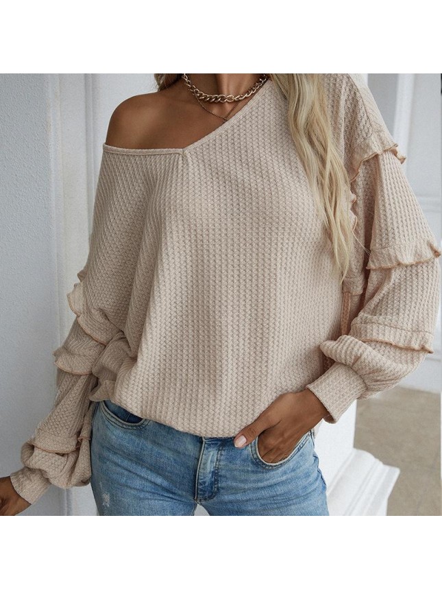 Solid color loose T shirt long sleeved top