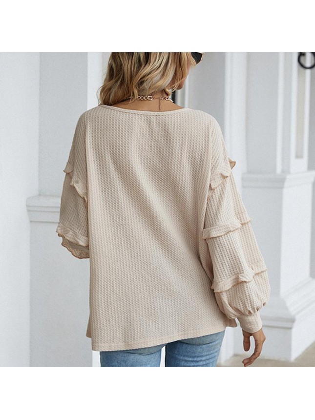 Solid color loose T shirt long sleeved top