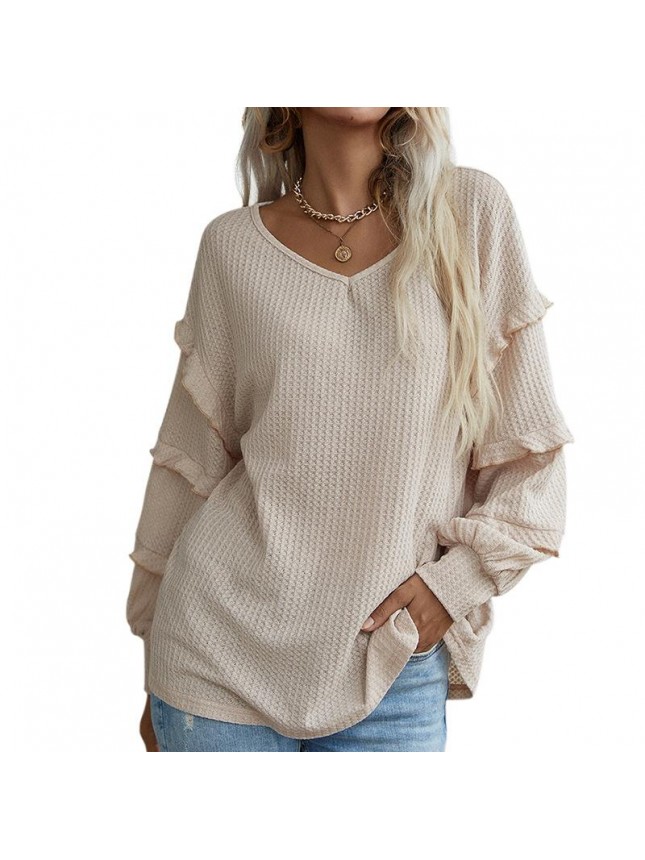 Solid color loose T shirt long sleeved top