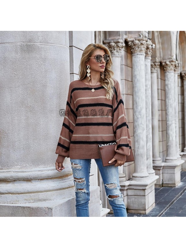Splicing metal striped sweater OL commuter loose sweater fashion outfits