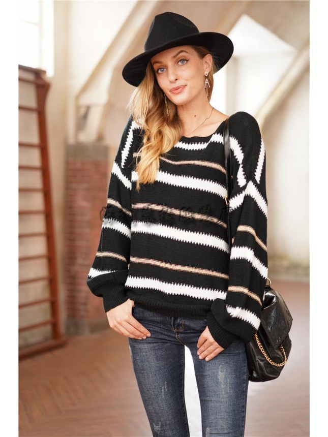 Splicing metal striped sweater OL commuter loose sweater fashion outfits