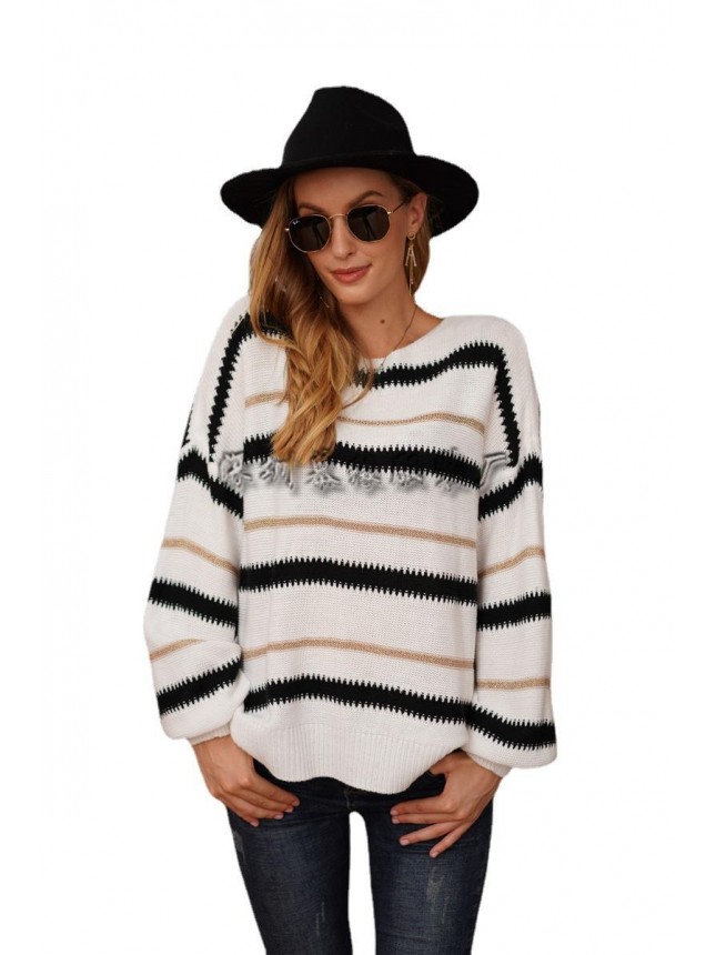 Splicing metal striped sweater OL commuter loose sweater fashion outfits