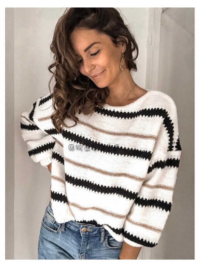 Splicing metal striped sweater OL commuter loose sweater fashion outfits