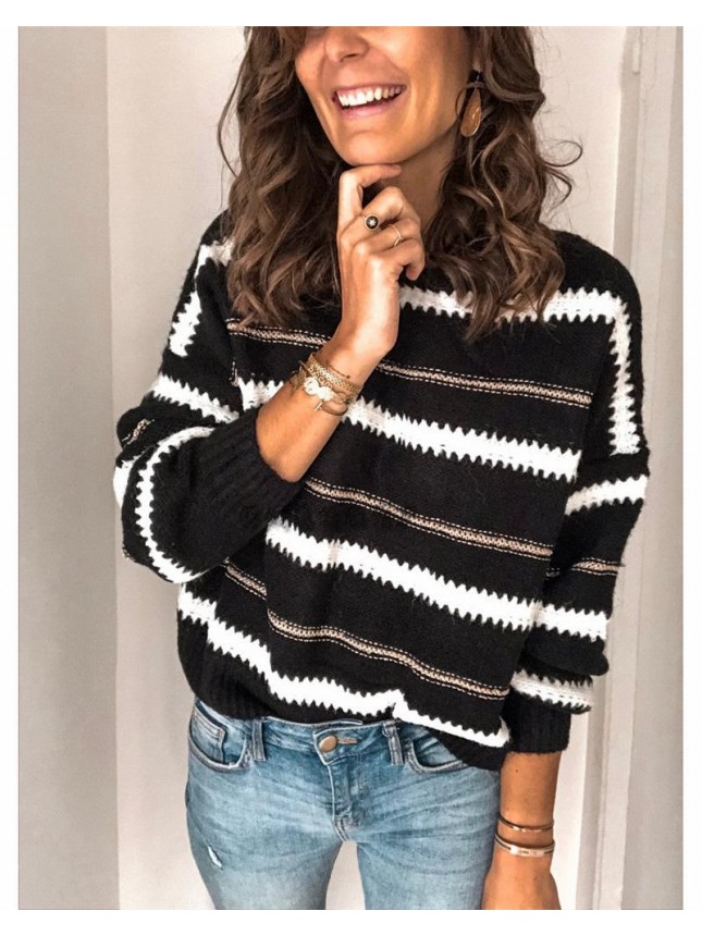 Splicing metal striped sweater OL commuter loose sweater fashion outfits