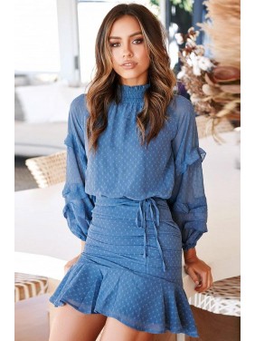 Swiss Dot Long Sleeve High Neck Chiffon Two Piece Dress – Dusty Blue