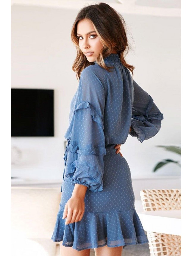Swiss Dot Long Sleeve High Neck Chiffon Two Piece Dress – Dusty Blue