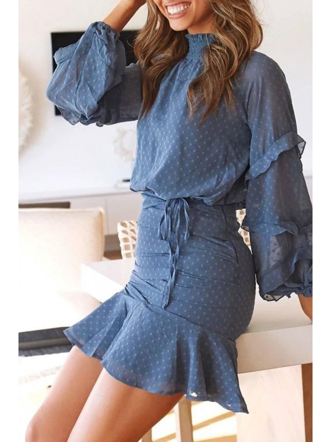 Swiss Dot Long Sleeve High Neck Chiffon Two Piece Dress – Dusty Blue