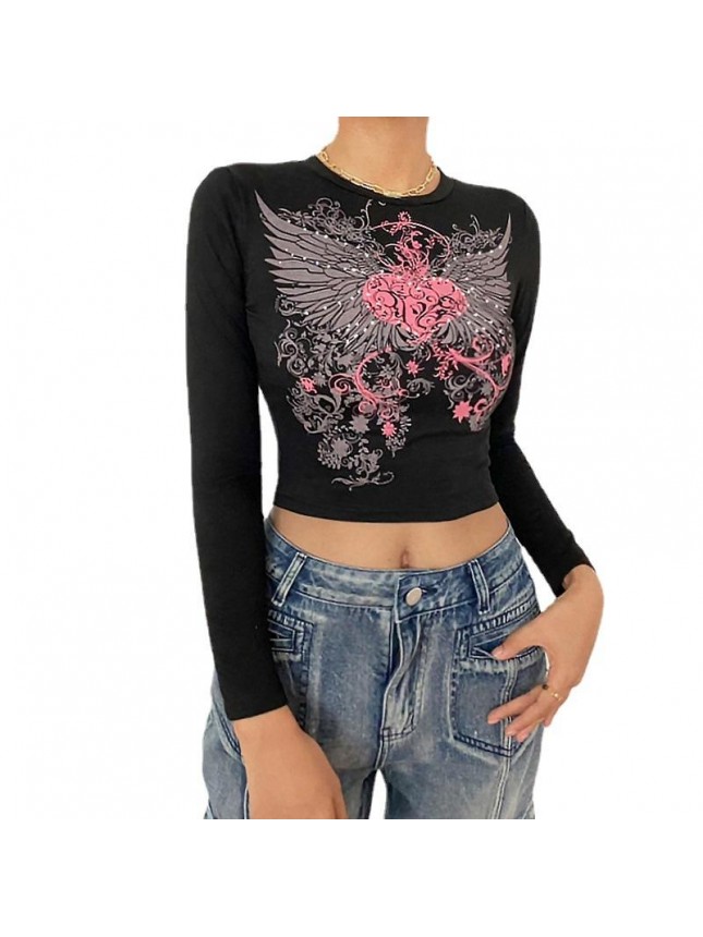 Hot diamond printing collision, black umbilica, short, bottom, long sleeved dress, t shirt