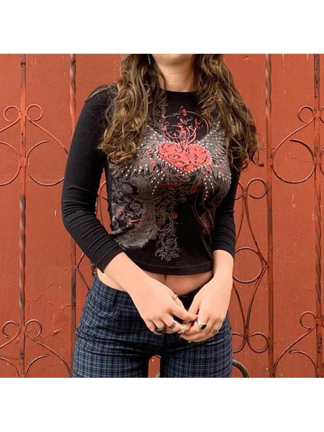 Hot diamond printing collision, black umbilica, short, bottom, long sleeved dress, t shirt
