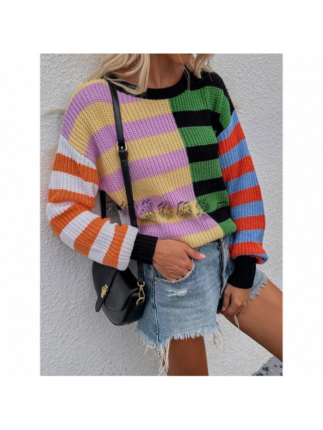 Striped loose sweater splicing sweater fashion outfits