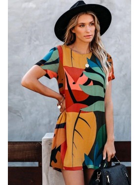 Tropical Print Short Sleeve High Low T-Shirt Dress – Multicolor