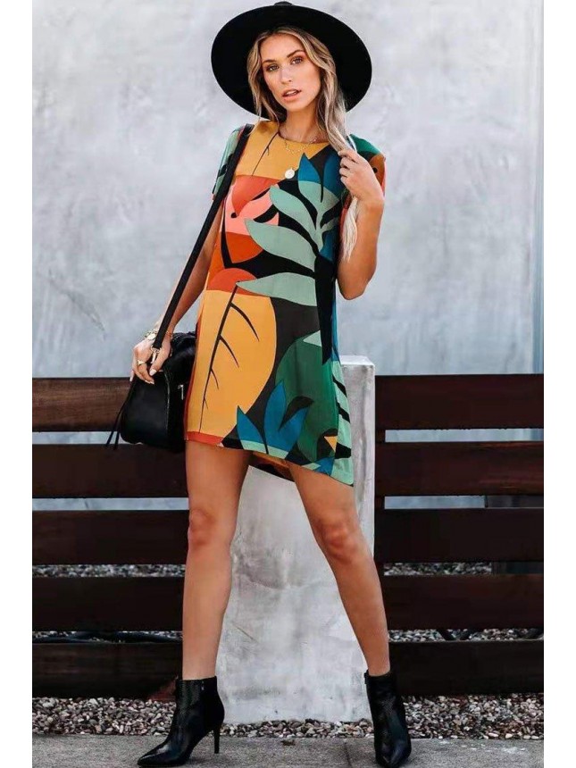 Tropical Print Short Sleeve High Low T-Shirt Dress – Multicolor
