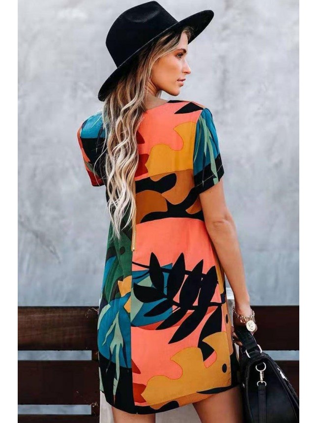 Tropical Print Short Sleeve High Low T-Shirt Dress – Multicolor