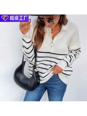 Striped color matching sweater zipper fashion outfits