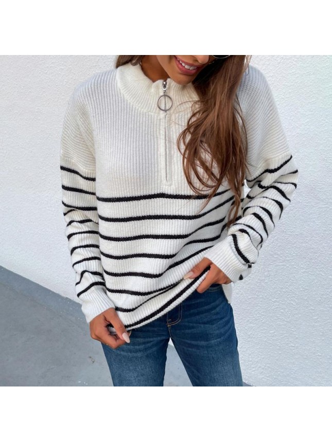 Striped color matching sweater zipper fashion outfits
