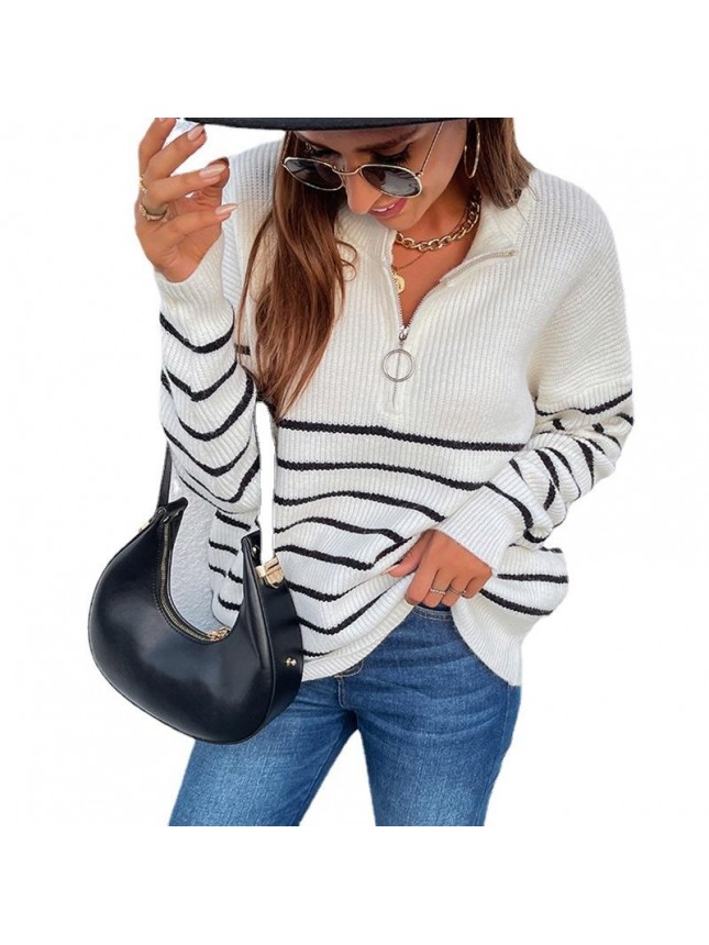 Striped color matching sweater zipper fashion outfits