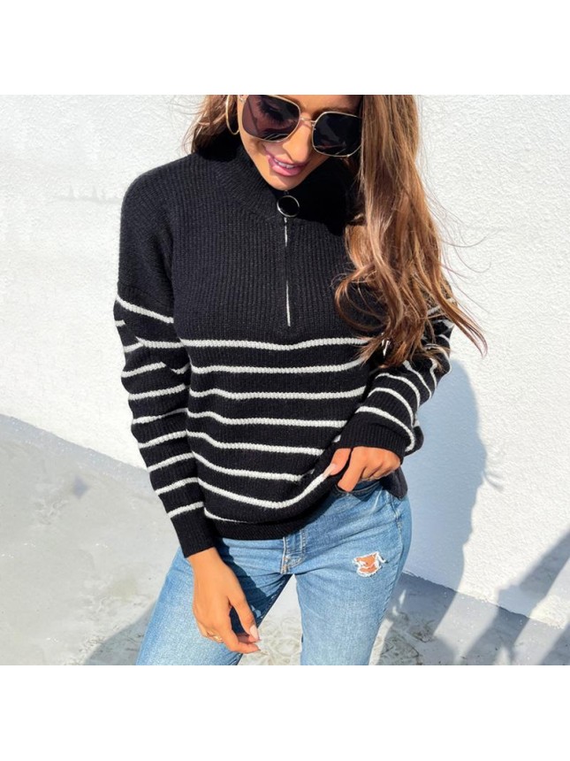 Striped color matching sweater zipper fashion outfits