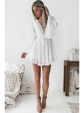 Flutter Long Sleeve Lace Up Lace Trim Chiffon Mini Dress – White