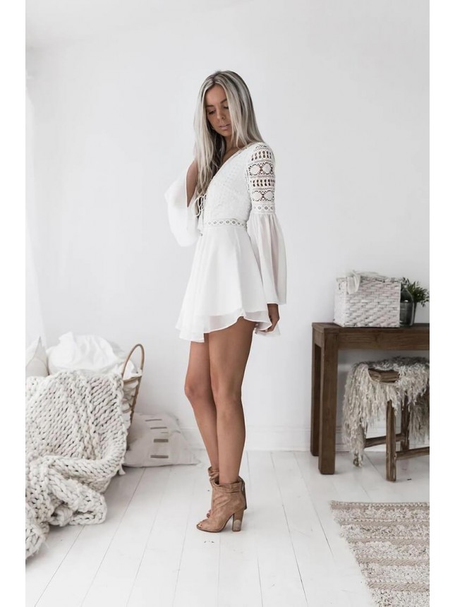 Flutter Long Sleeve Lace Up Lace Trim Chiffon Mini Dress – White