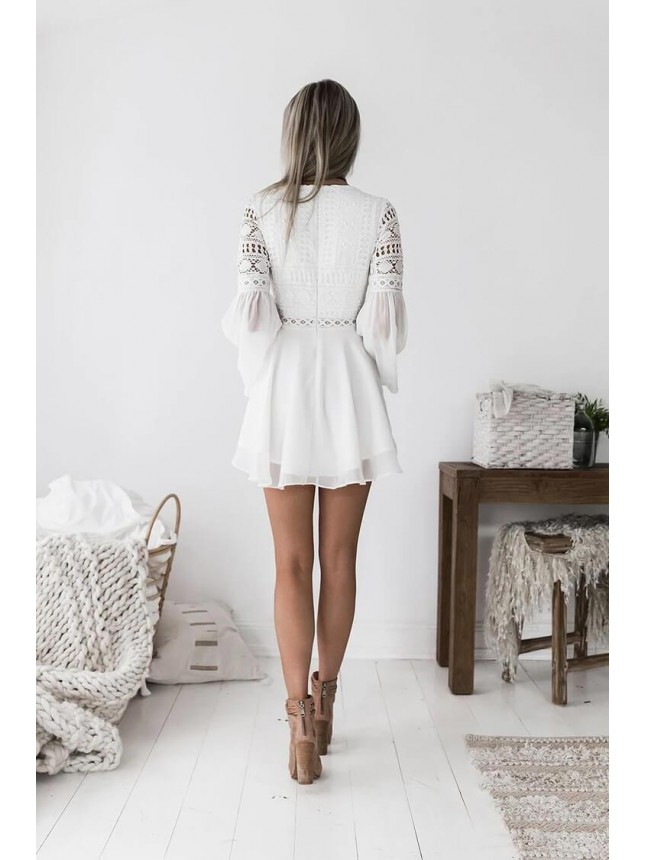Flutter Long Sleeve Lace Up Lace Trim Chiffon Mini Dress – White