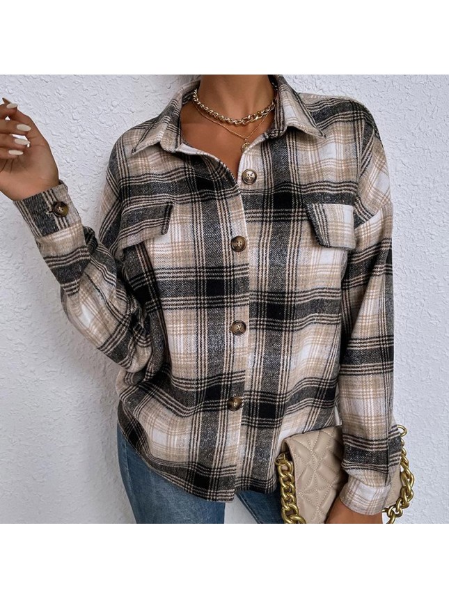 Lacing shirt loose long sleeve checkered shirt