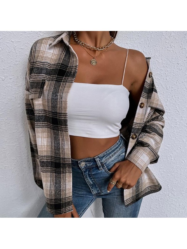 Lacing shirt loose long sleeve checkered shirt