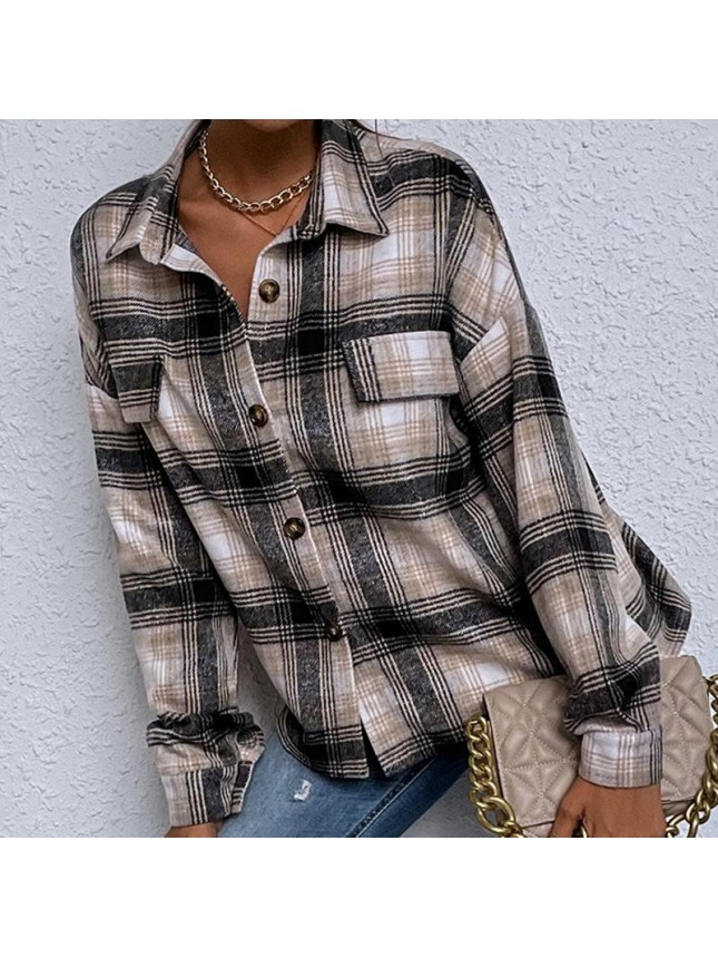 Lacing shirt loose long sleeve checkered shirt
