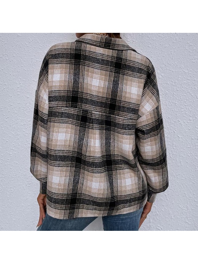 Lacing shirt loose long sleeve checkered shirt