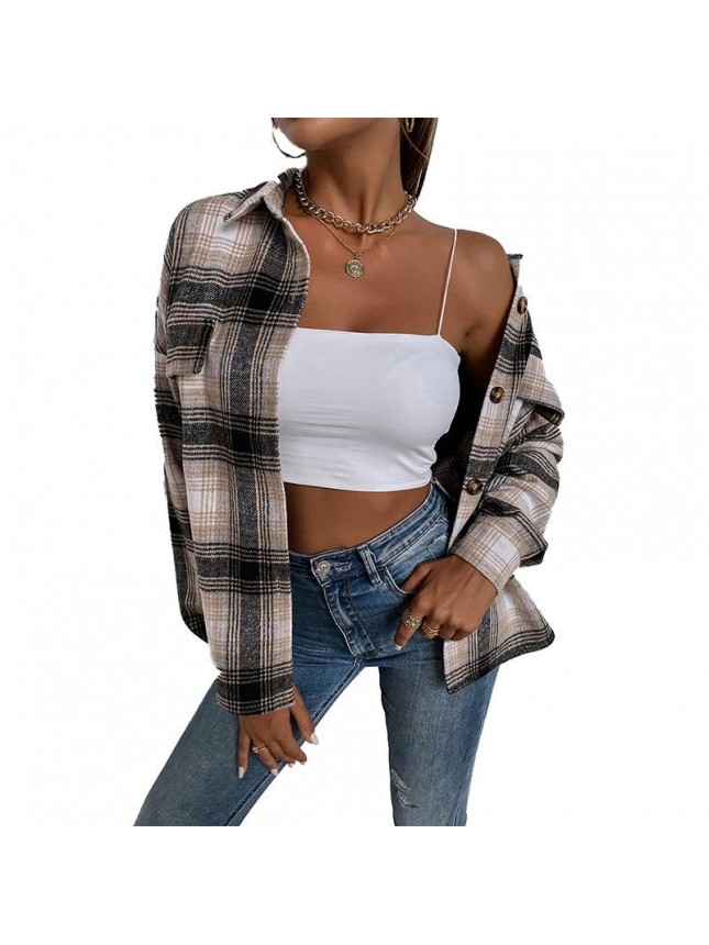 Lacing shirt loose long sleeve checkered shirt