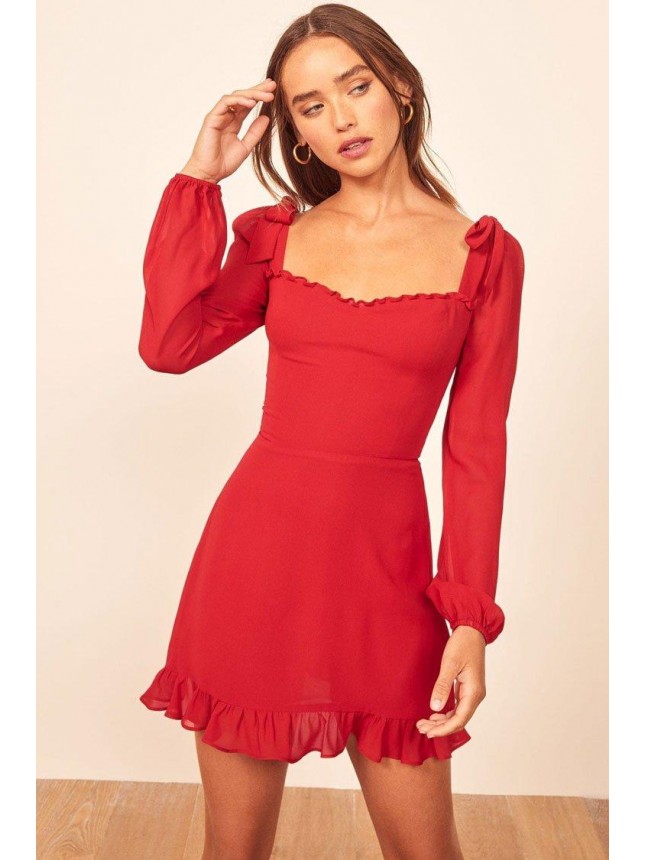Long Sleeve Ruffle Tie Strap Chiffon Little Red Dress – Red