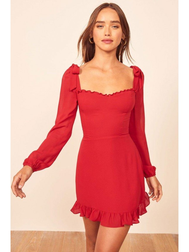 Long Sleeve Ruffle Tie Strap Chiffon Little Red Dress – Red