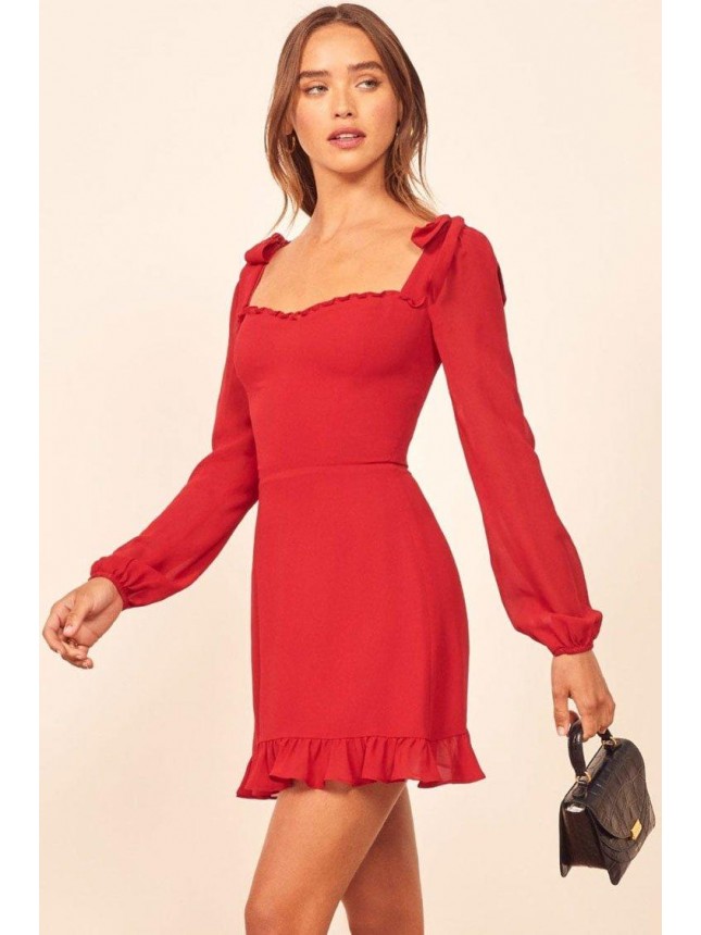 Long Sleeve Ruffle Tie Strap Chiffon Little Red Dress – Red