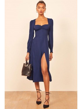 Elegant Long Sleeve Sweetheart Neck High Slit Midi Dress – Royal Blue