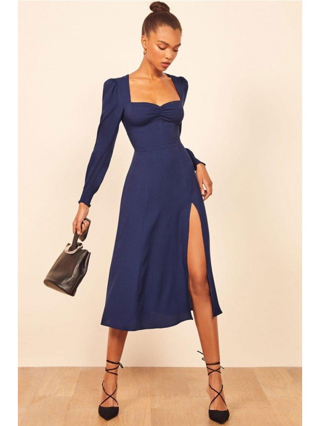 Elegant Long Sleeve Sweetheart Neck High Slit Midi Dress – Royal Blue
