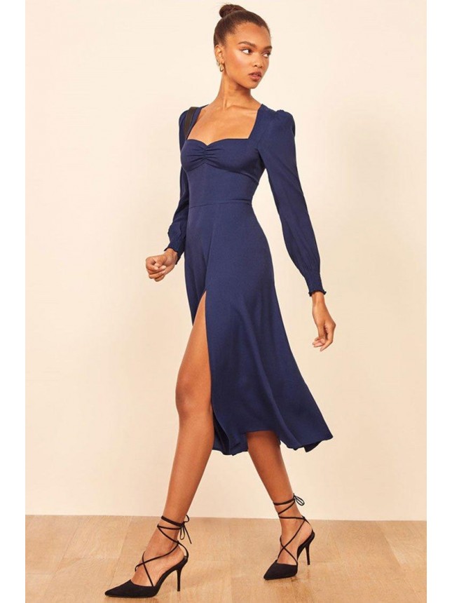 Elegant Long Sleeve Sweetheart Neck High Slit Midi Dress – Royal Blue