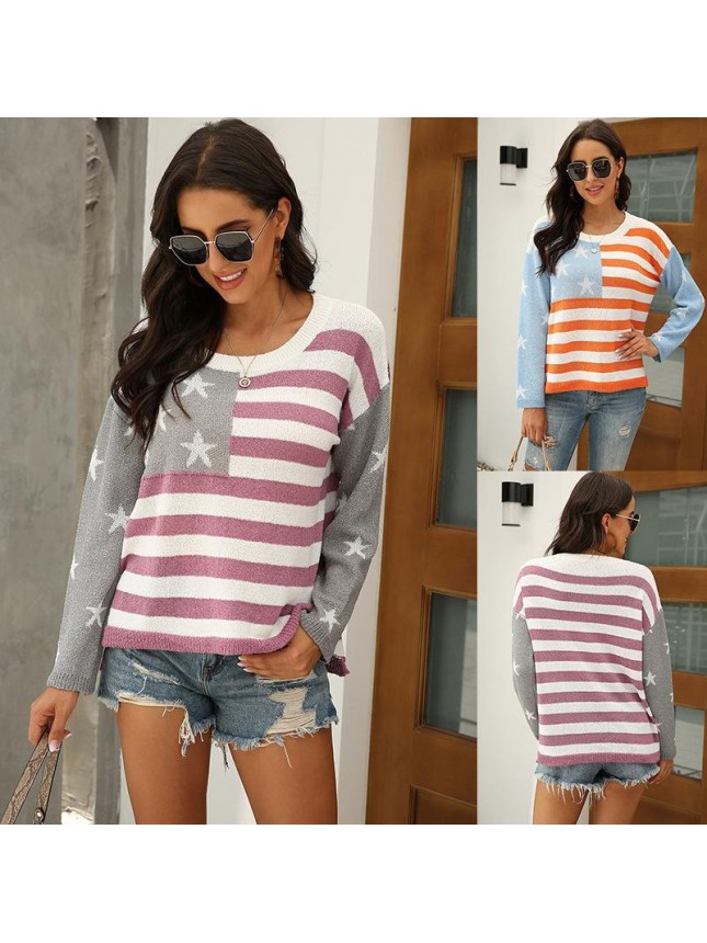 Striped color matching sweater US flag fashion outfits