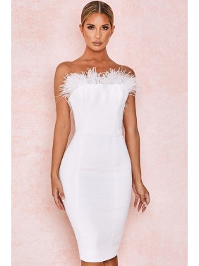 Strapless Bodycon Feather Midi Cocktail Party Dress – White