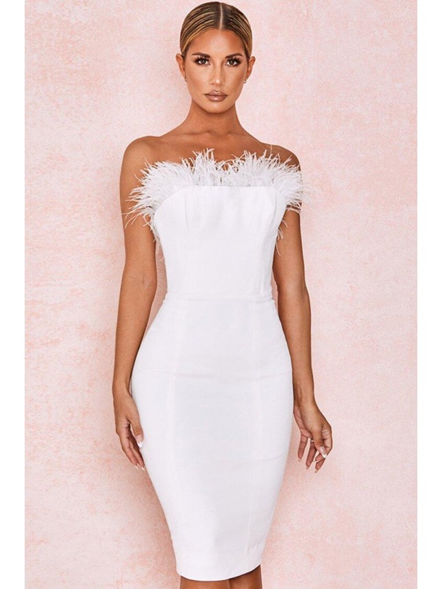 Strapless Bodycon Feather Midi Cocktail Party Dress – White